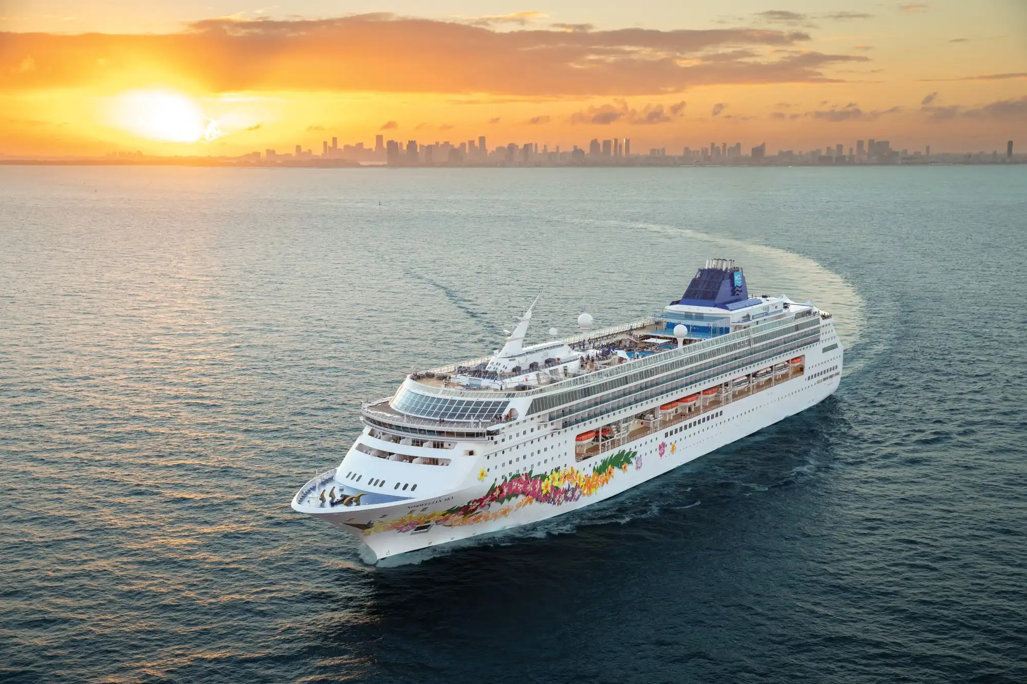 Aerial view of a cruise ship at sea